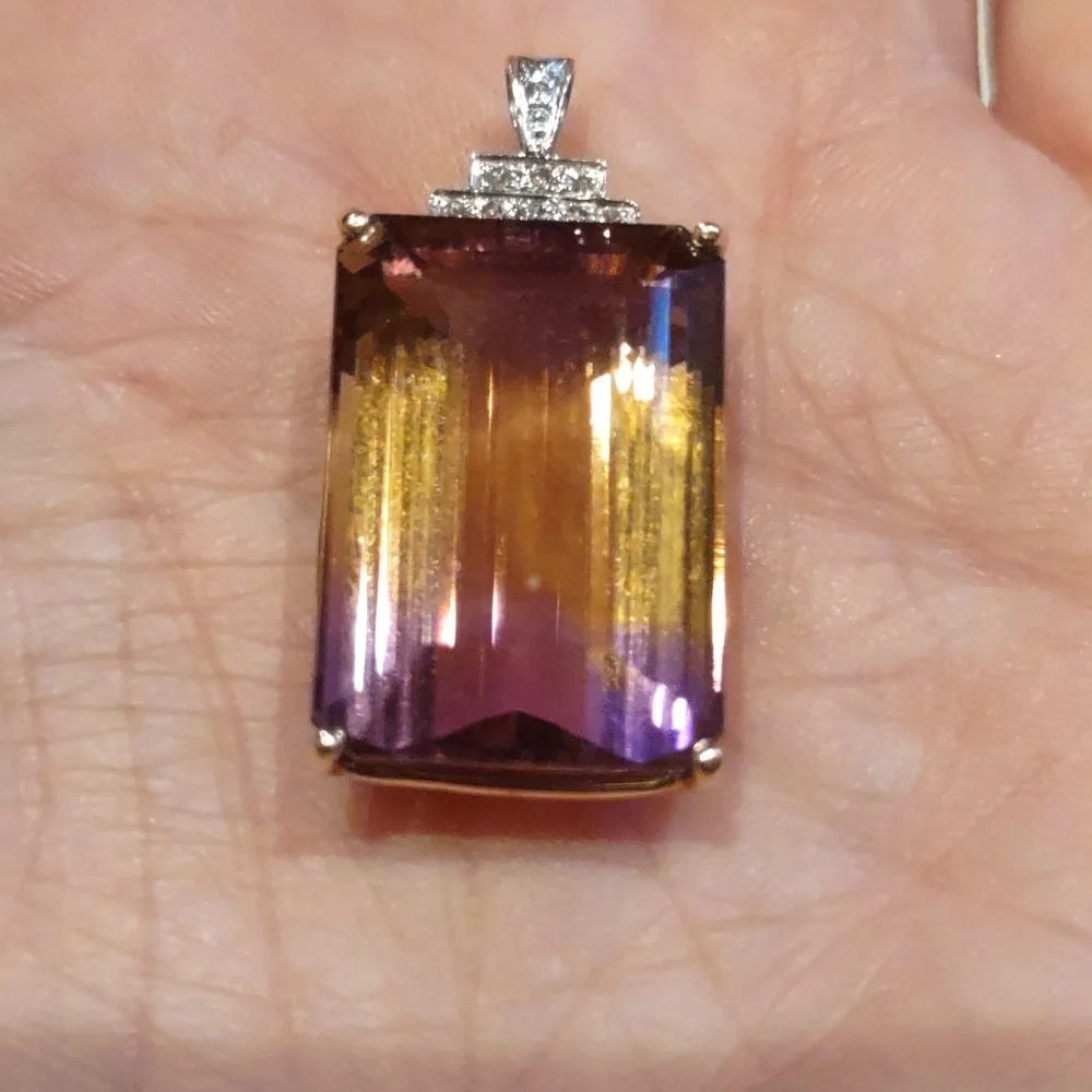 Ametrine Stone pendant amethyst, citrine stone, 14 kt yellow gold diamon…
